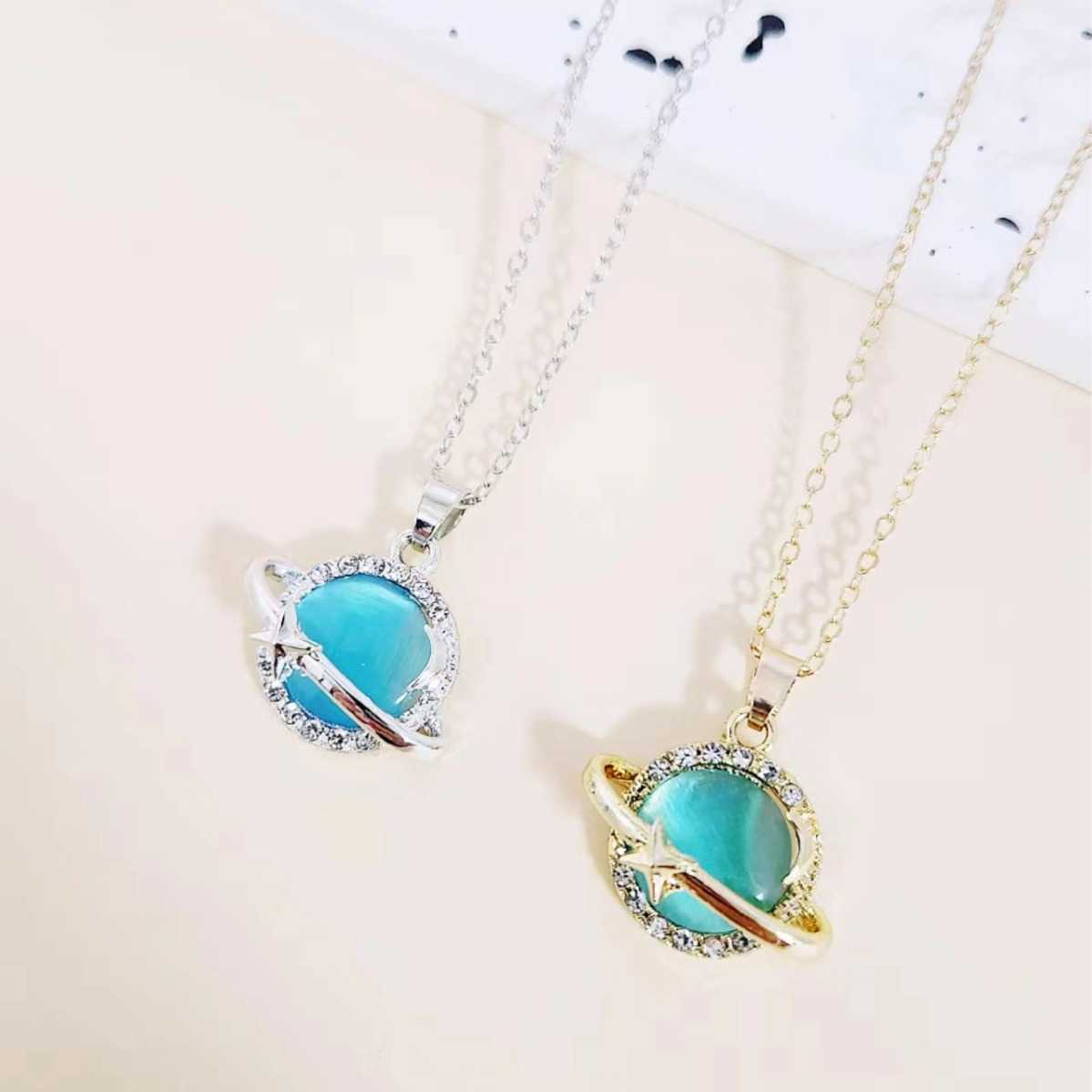 European and American diamond-encrusted cat's eye planet pendant for personalized women's collarbone necklace jewelry S251210