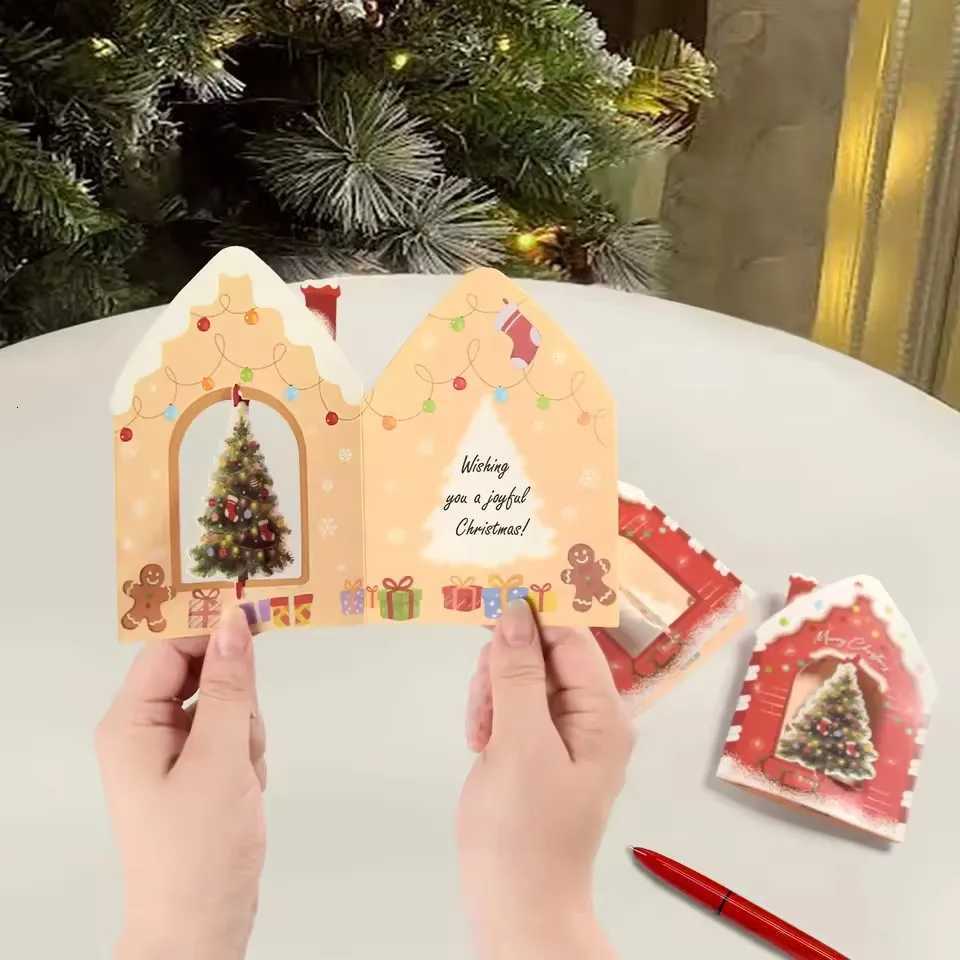10/20Pcs Merry Christmas Greeting Cards House Design 3D Rotating Blessing Card for New Year Party Gift Decoration Supplies H251210