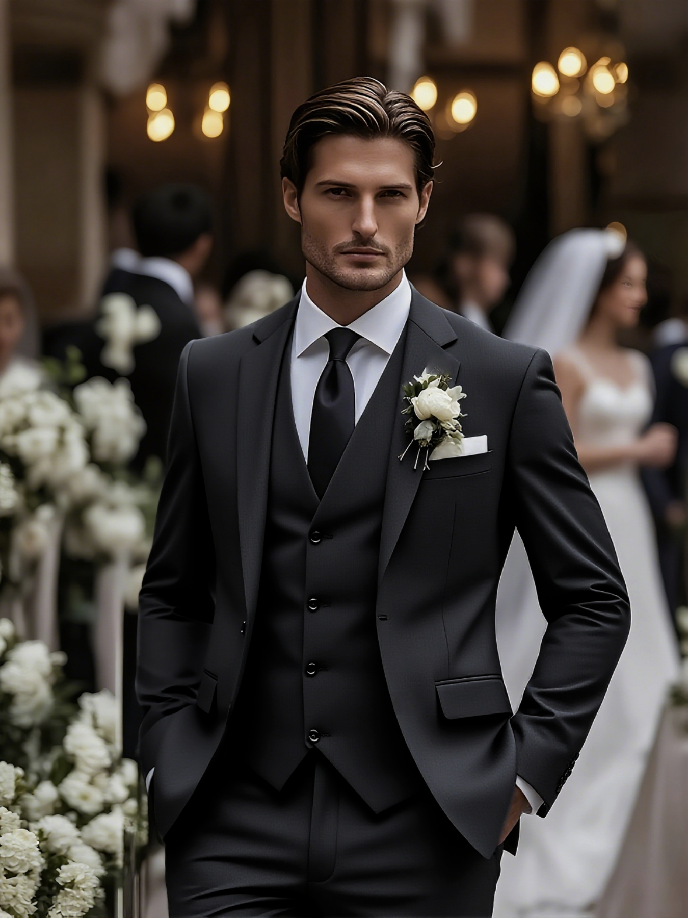 Men's Suits Men's Navy Slim-Fit 3-Piece Peak Lapel Suit - Formal Groom Blazer Vest Trousers for Wedding & Business