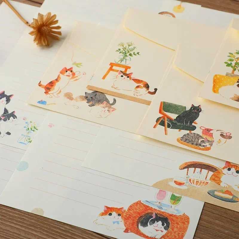 9pcs/set Cartoon Cats Envelopes with Letter Pads Cute Letter Writing Paper Wedding Invitation Cards Postcards Cover Stationery H251210