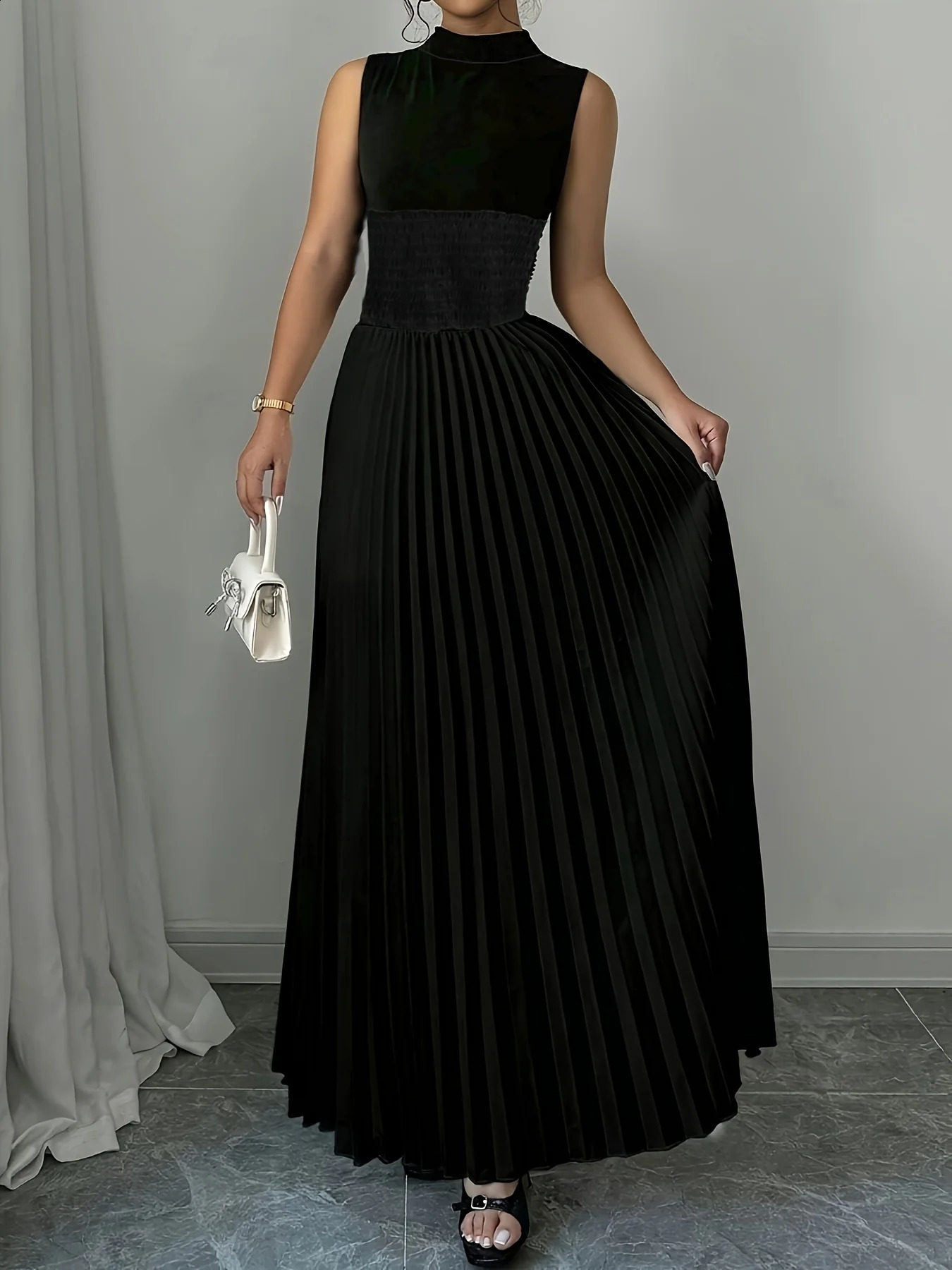 Black Womens Oversized Woven Casual Bohemian A-Line Maxi Summer Dress with Pockets - Full Length Clothing C260312