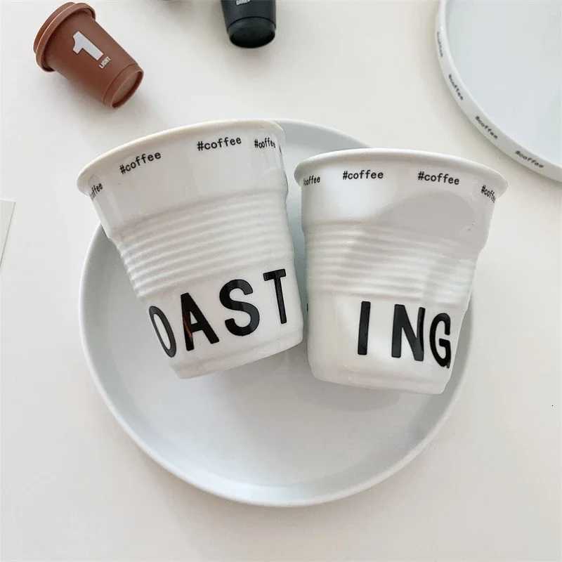 67oz korean style cups and mugs coffee mug white ceramic nordic wrinkle cup 200ml drinking coffe tumbler English Letter C251210