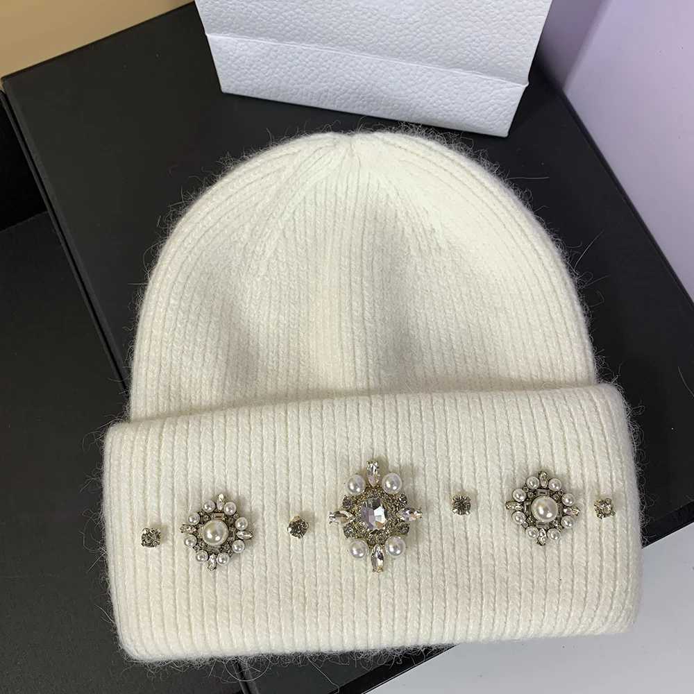 Luxury Designer Brand Women Winter Hats Luxury Rhinestones Rabbit Fur Knitted Hat Female Thicken Warm Knit Bonnet Skullies Beanies Y251209