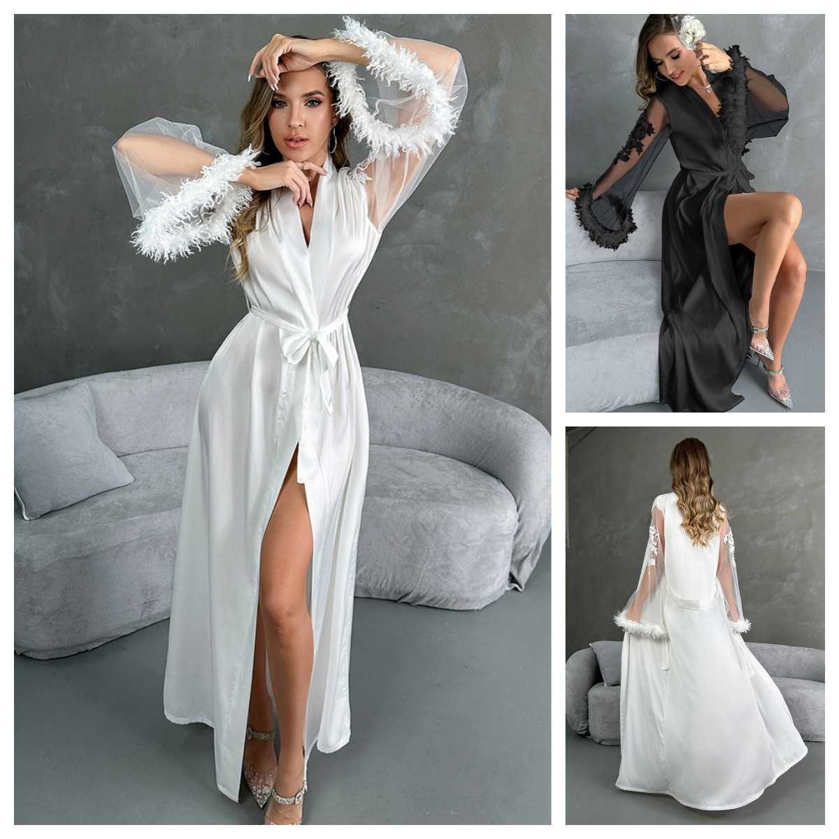Sexy bathrobe, tulle patchwork, feather, cinched waist, tie, home wear, pajamas S251210
