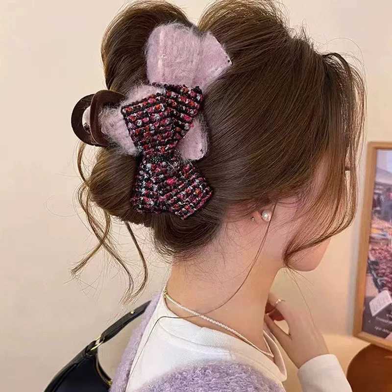 1pc Autumn/Winter wool-blend color-block double bow hair clip large shark clip for the back of the new stylish hair acces Y251210