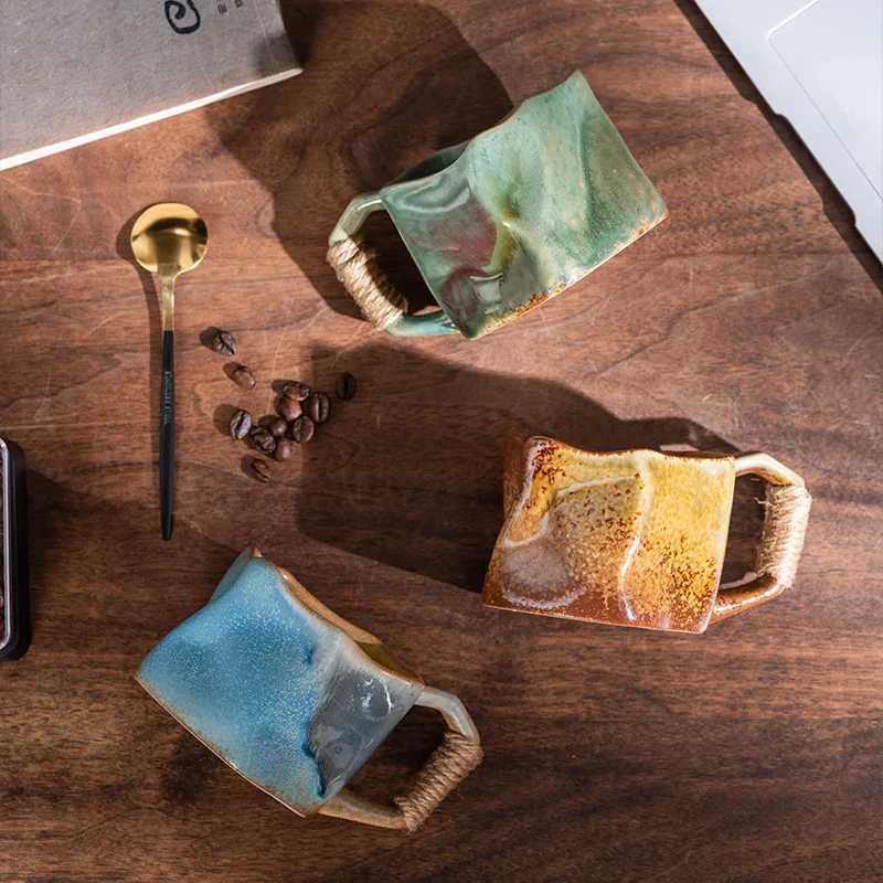Creative Rough Pottery Coffee Cup Retro Rope Ceramic Cup Irregular Mug Japanese Shaped Drinking Tea Set Living Room Decoration C251210