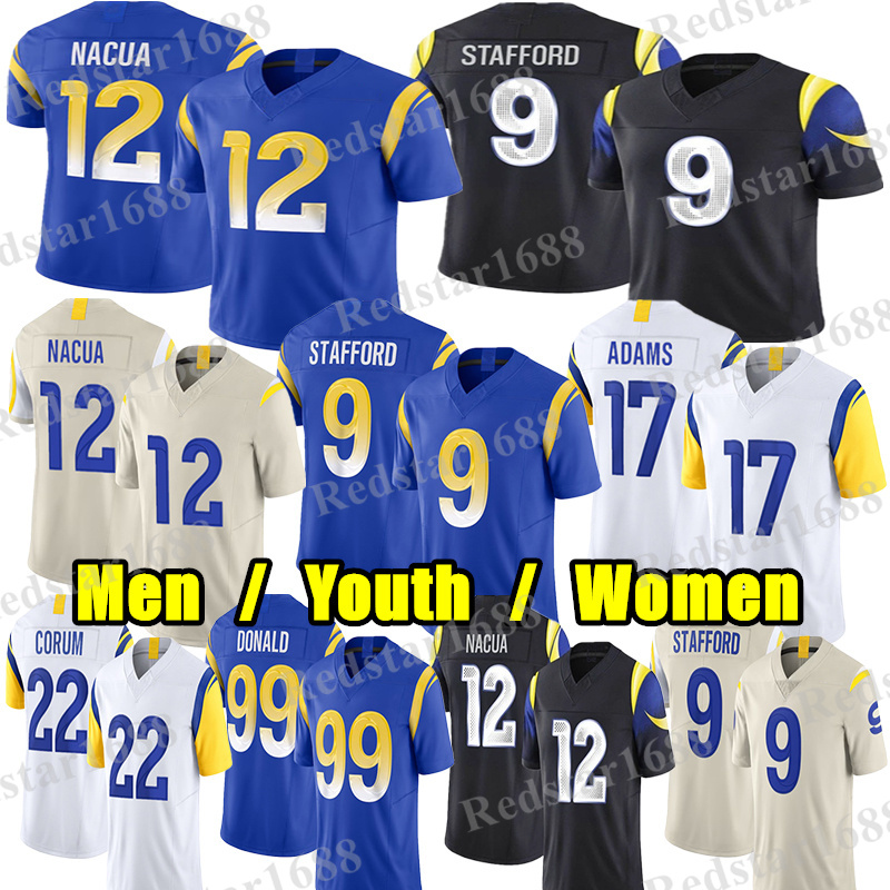 #9 Matthew Stafford Football Jersey #12 Puka Nacua Davante Adams Aaron Donald Kyren Williams Jared Verse Jimmy Garoppolo Joshua Karty Jarquez Hunter Young jerseys