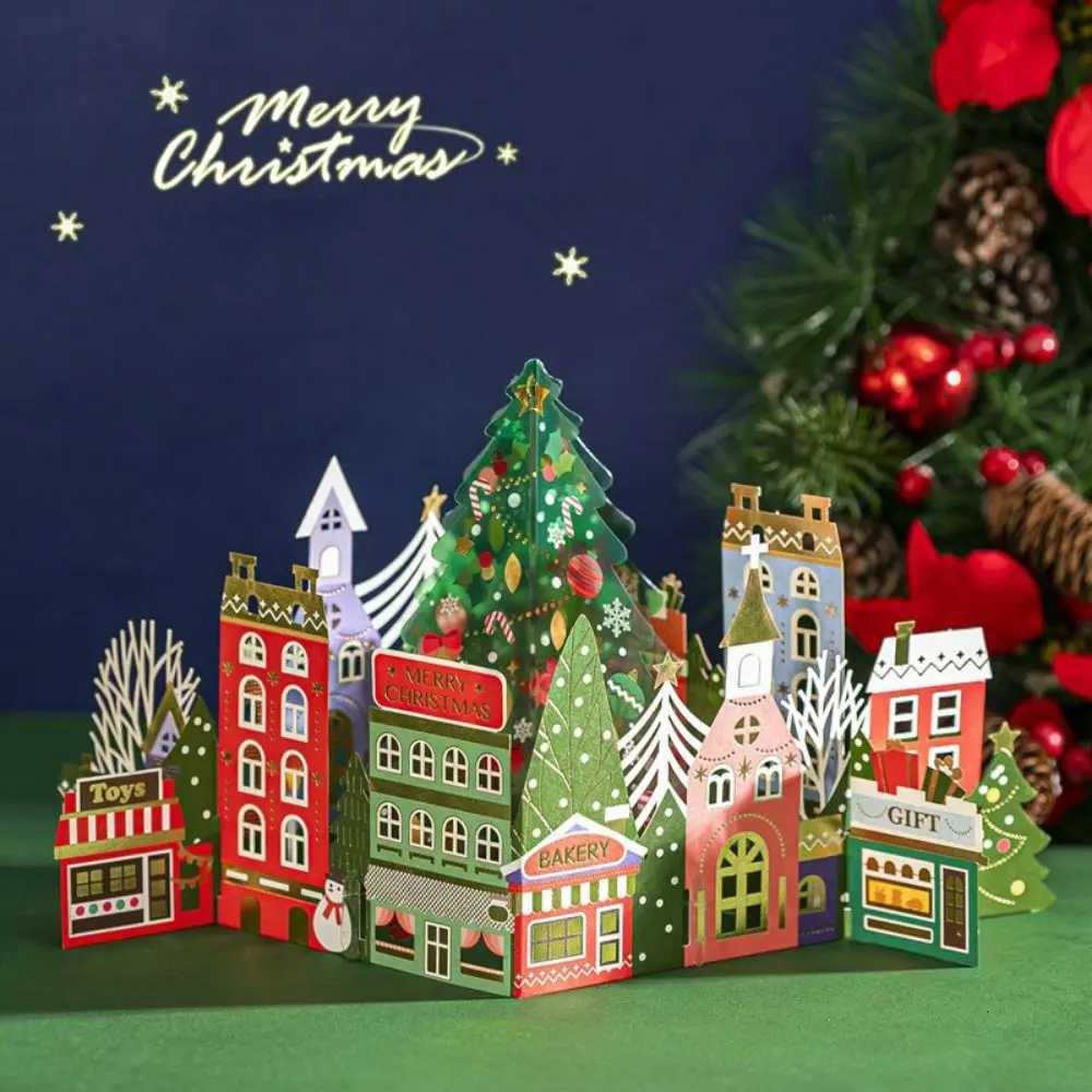Paper Christmas 3D Greeting Card Gold Plated Craft Merry Christmas Blessing Cards Up Ornaments Paper Carving Postcard Gift H251210