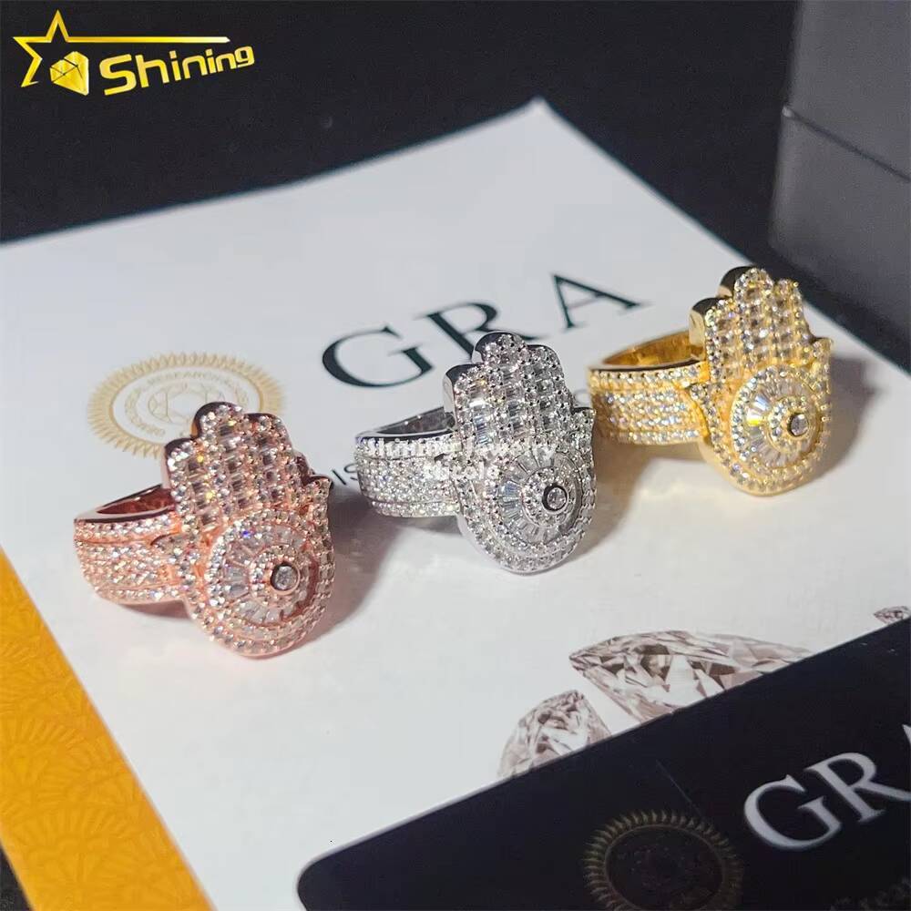 Wholesale Price High Quality Baguette Diamond 925 Silver Rings Hip Hop Moissanite Hamsa Hand Ring