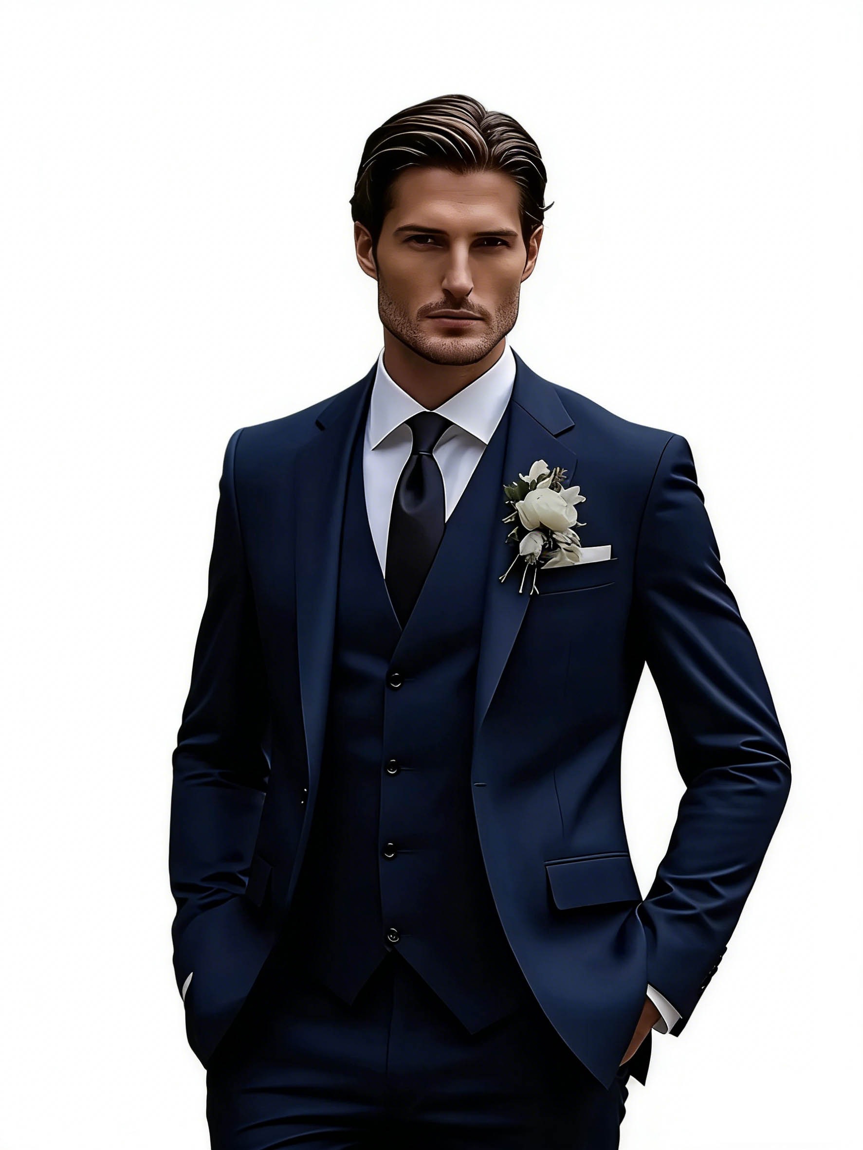 Men's Suits Men's Navy Slim-Fit 3-Piece Peak Lapel Suit - Formal Groom Blazer Vest Trousers for Wedding & Business