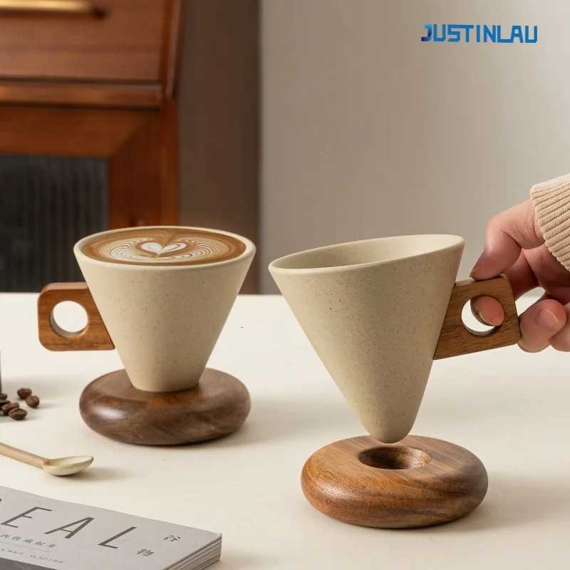 JUSTINLAU Retro Ceramic Coffee CupSolid Wood Saucer Set Coffee Mug with Solid Wood Handle Exquisite Home Coffee CupsSaucers C251210