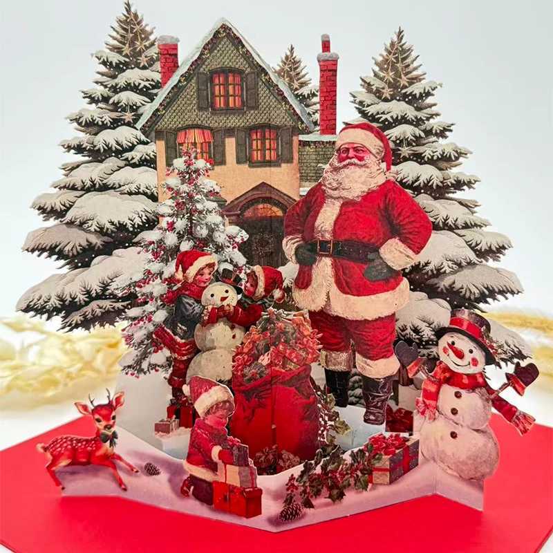 3D Up Christmas Card Snow House Forest with Santa Reindeer Scene Laser Cut Greeting Card for Holiday Gift Party Decor H251210