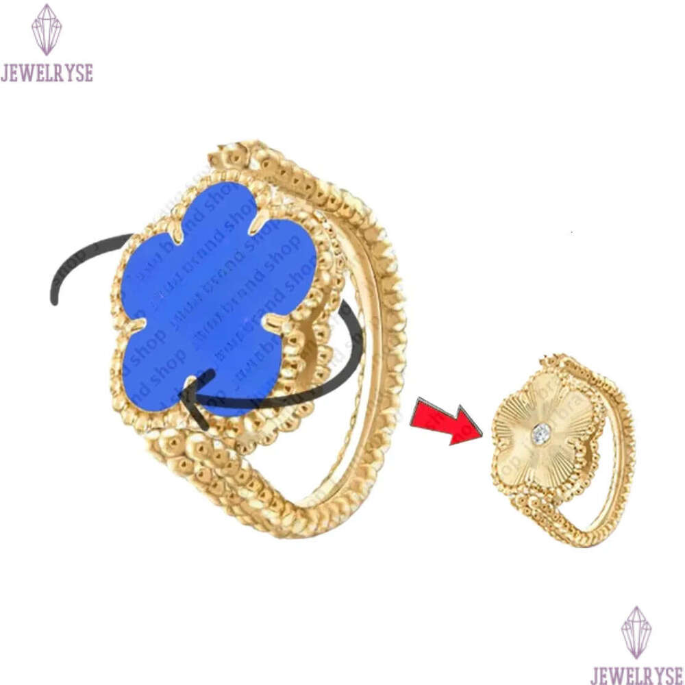 jewelry woman 15mm clover Minimalist lucky flower mother of pearl turquoise rotatable 925 silver rose gold jewelery luxury designer ring