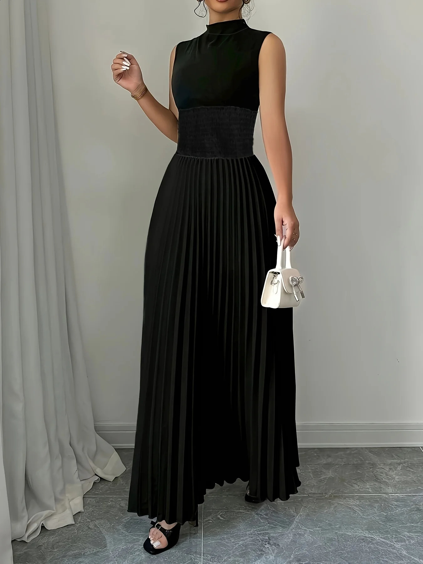 Black Womens Oversized Woven Casual Bohemian A-Line Maxi Summer Dress with Pockets - Full Length Clothing C260312