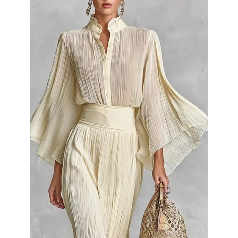 Tinaa Apricot Womens Suit 2026 Spring Ruffles Neck Flare Sleeve Tops High Waist Folds Slit Mermaid Skirt Sets 196198 251205