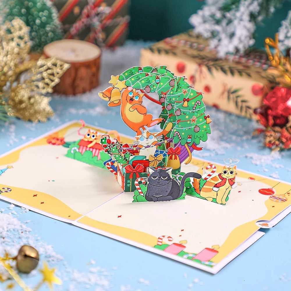 Christmas Greeting Card Crescent Shape Xmas Tree Gifts Cute Nauty Cat Greeting Cards Creative Party Invitation With Envelope H251210