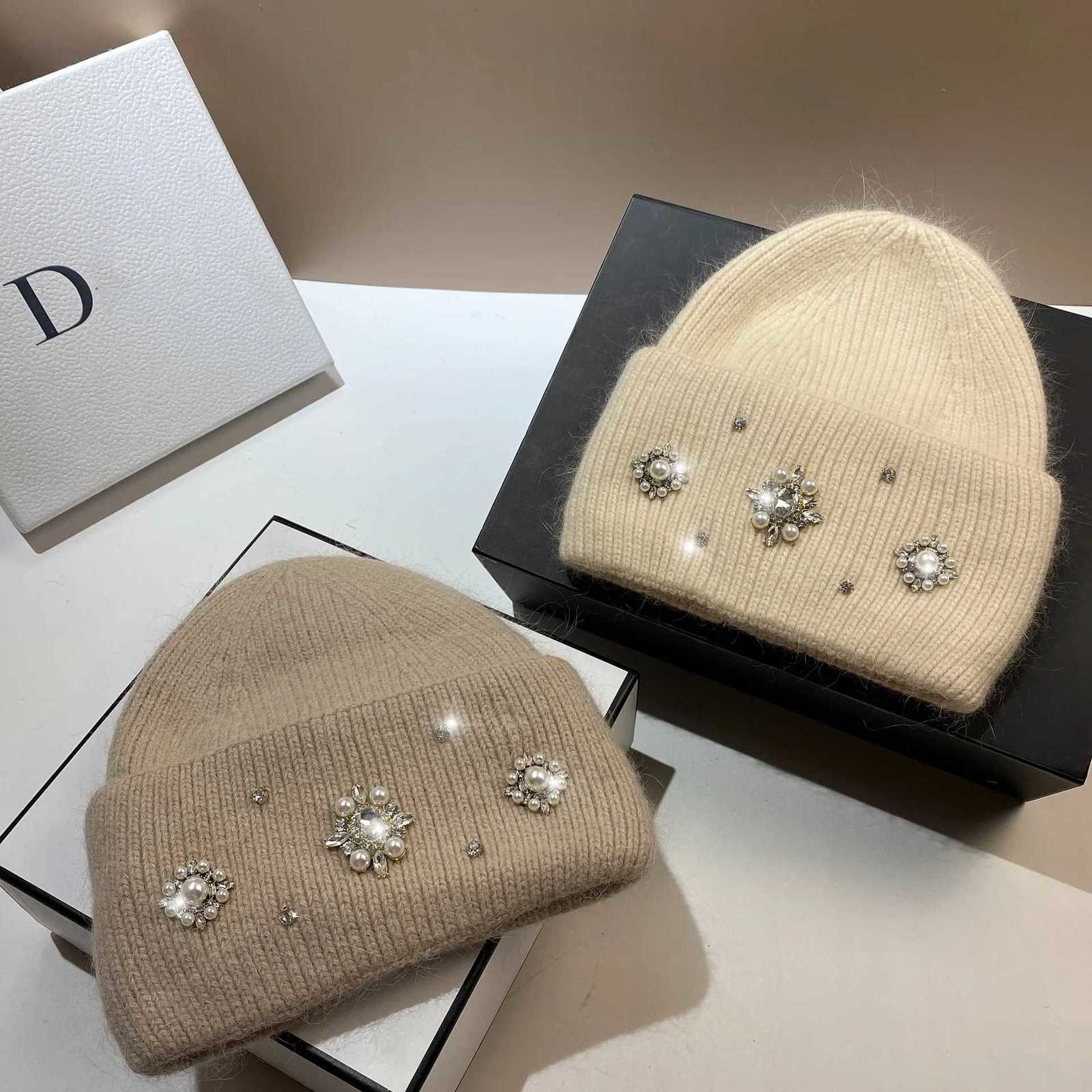 Luxury Designer Brand Women Luxury Rhinestones Knitted Hat Autumn Winter Rabbit Fur Beanie Cap Female Thicken Warm Skullies Caps Y251209