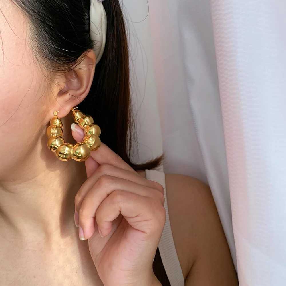 Vintage Punk Gold Plated Large Round Beaded Chunky Hoop Earrings for Women Lightweight Stainless Steel Hoops Statement JewelryXJ251210 - view 4