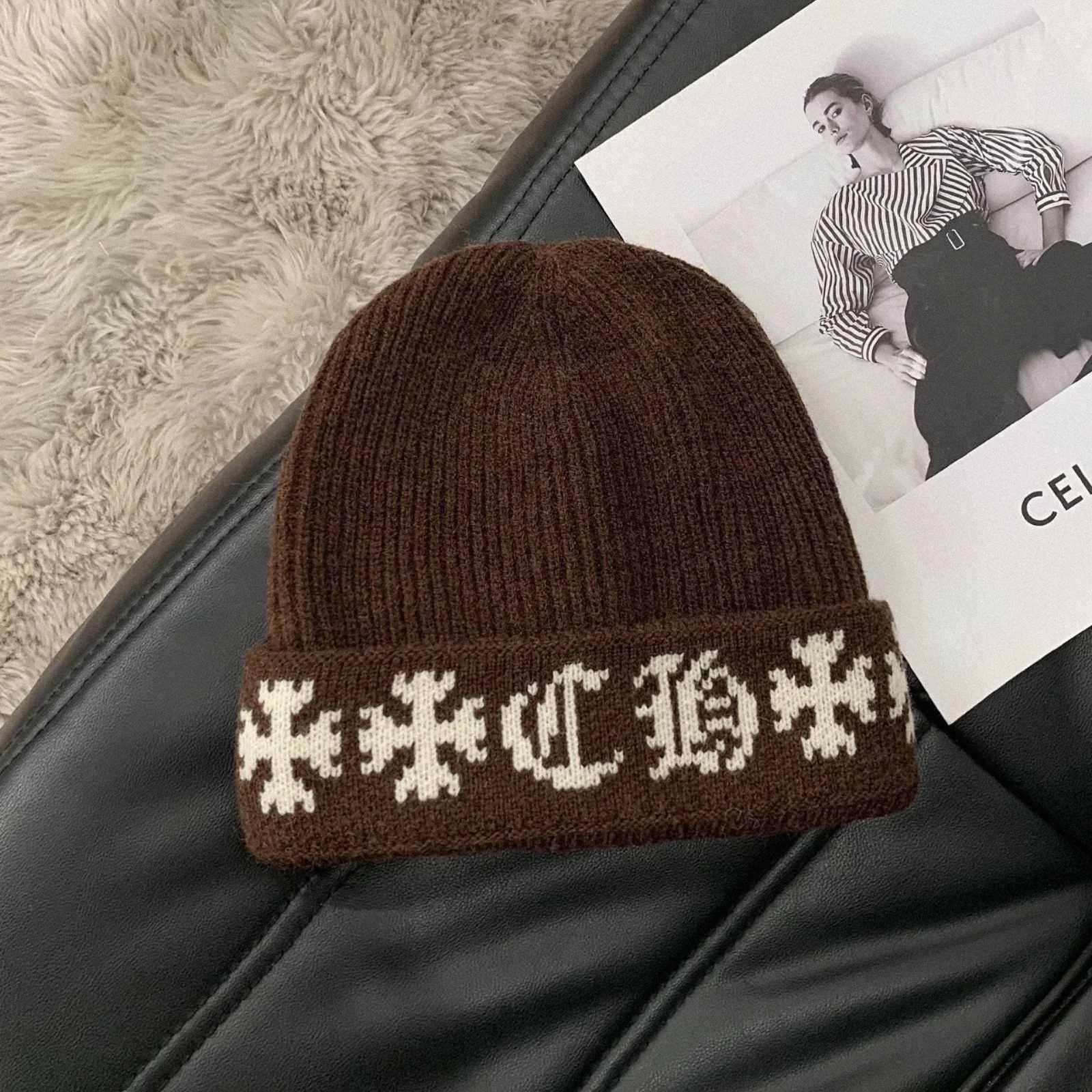 Luxury 1PC Black Knitted Beanie Hat Gothic Cross Pattern Warm Winter Cap Unisex Fashion Streetwear Headwear Soft Elastic Knit Hat Y251209