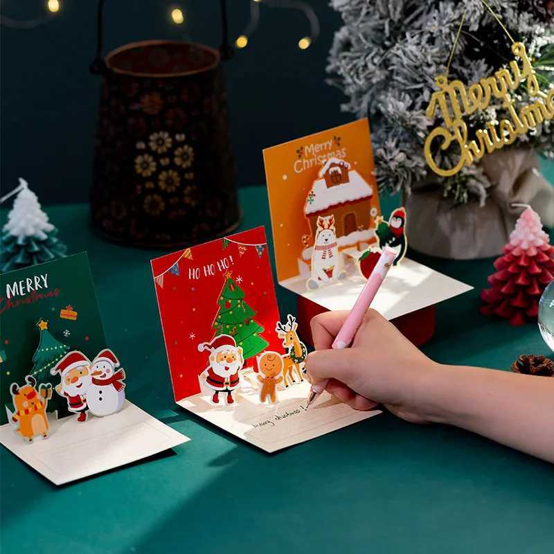 New Christmas Handwritten 3D Gift Card Thank You Card Christmas Cartoon Folding Small Card Paper Card Envelope Set H251210