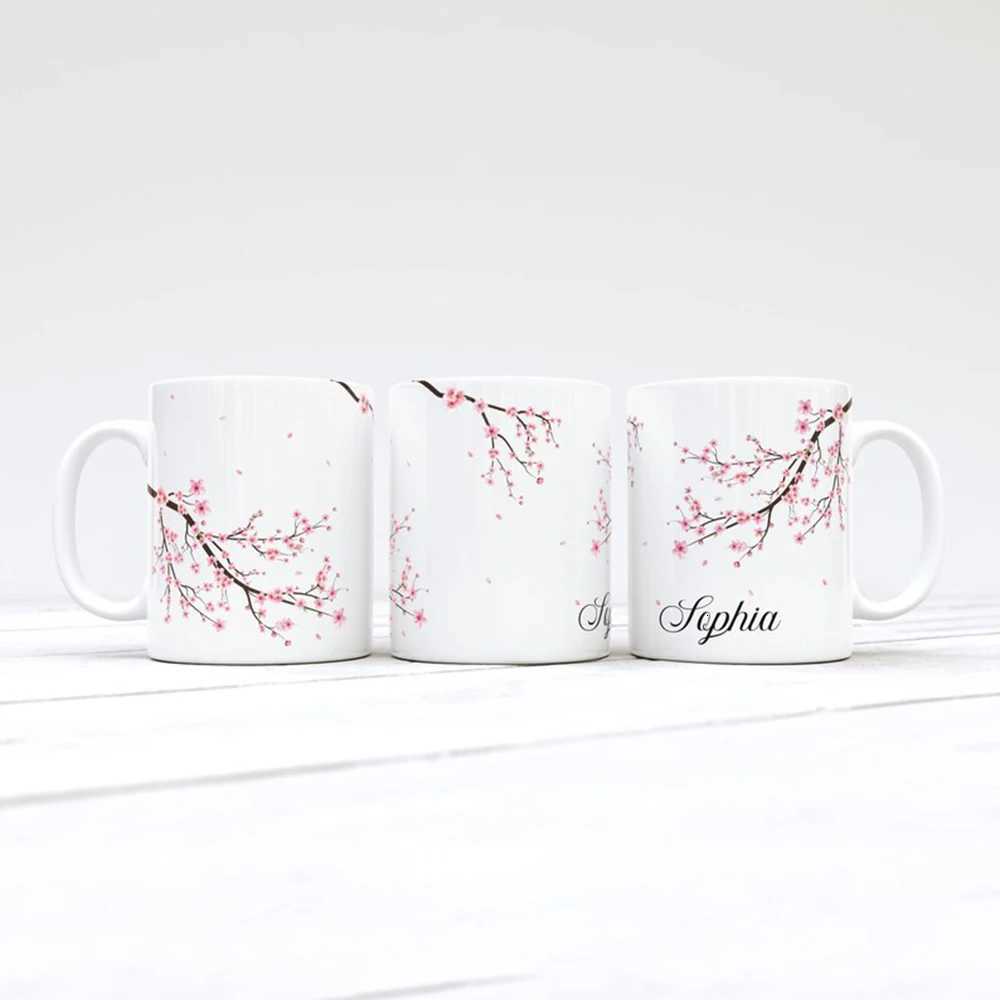 Customized Name Ceramic Mug Personzed Cherry Blossom Design Coffee Cup Pink Flower Mug Christmas Gift for Mom or Friend C251210