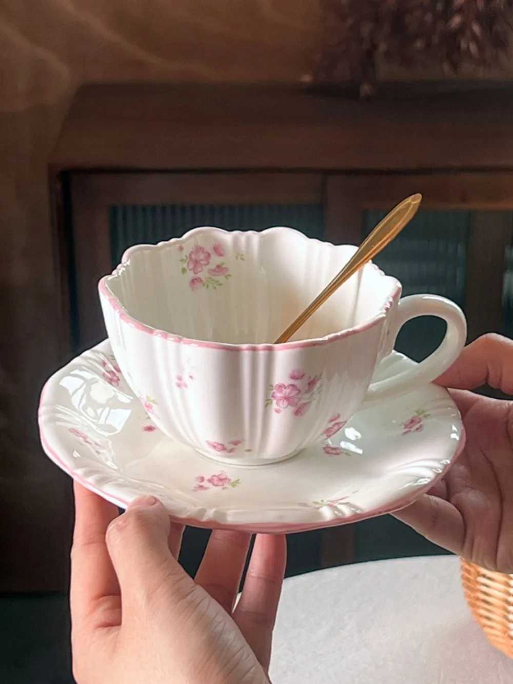 European Pink Cherry Blossoms Mugs Porcelain Cupsaucer Tableware Coffee Mug Dining Table Afternoon Tea Teacup Fruits Juice Cup C251210