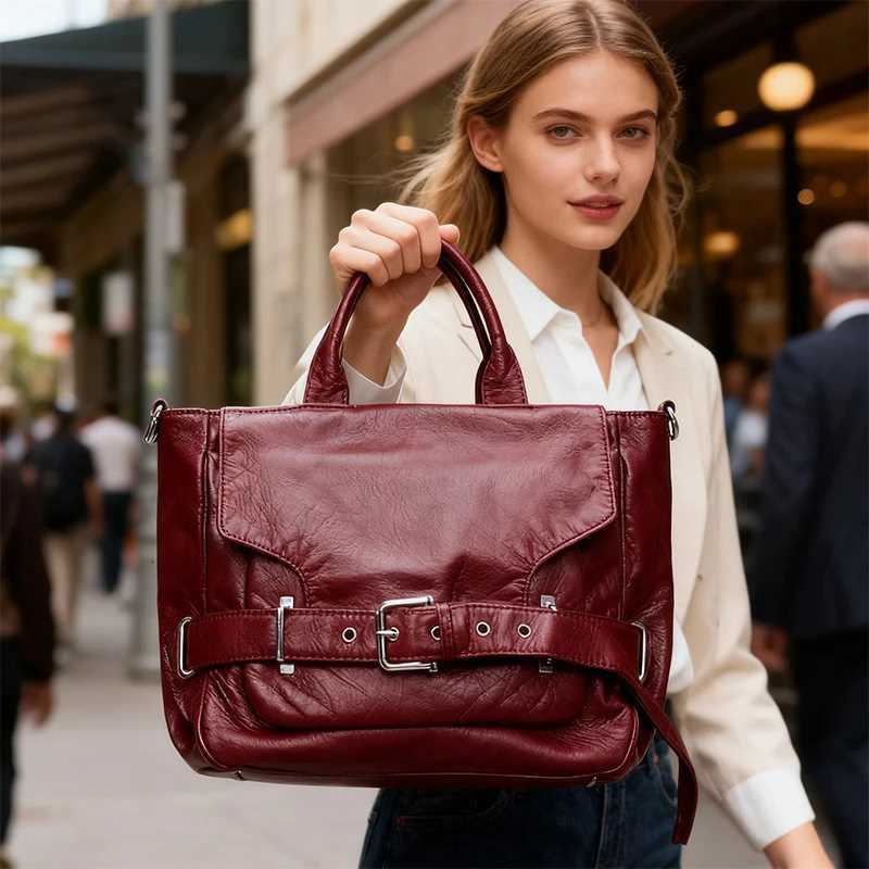 Korean Belt Buckle Crossbody Shoder BagSoft Leather Solid Color Tote BagLarge Capacity Motorcycle Biker Style Handbag Y251209