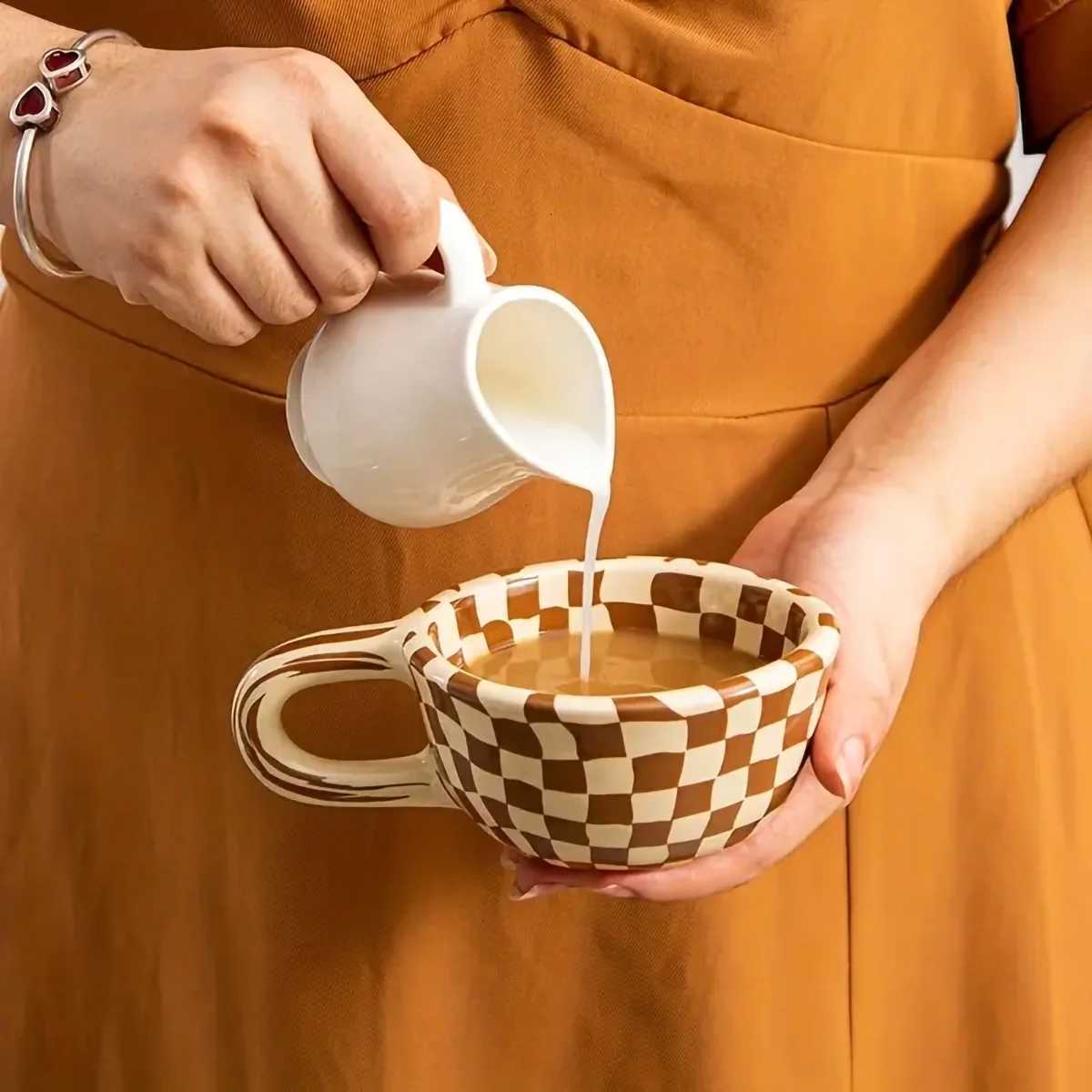 1pc Creative ceramic checkered pattern tea cup irregular chessboard coffee cup C251210