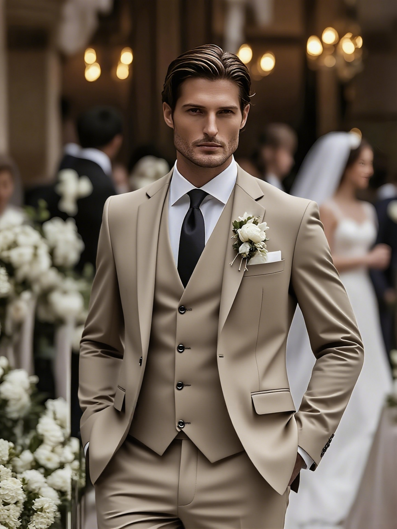 Men's Suits Men's Navy Slim-Fit 3-Piece Peak Lapel Suit - Formal Groom Blazer Vest Trousers for Wedding & Business