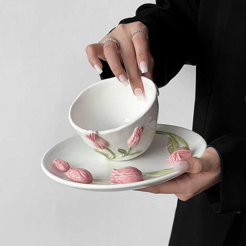 French Tulip Ceramic Coffee Cups Plate Bowl Unique Three-dimensional Embossed Design Home Desserts Tableware Kitchen Accessories C251210