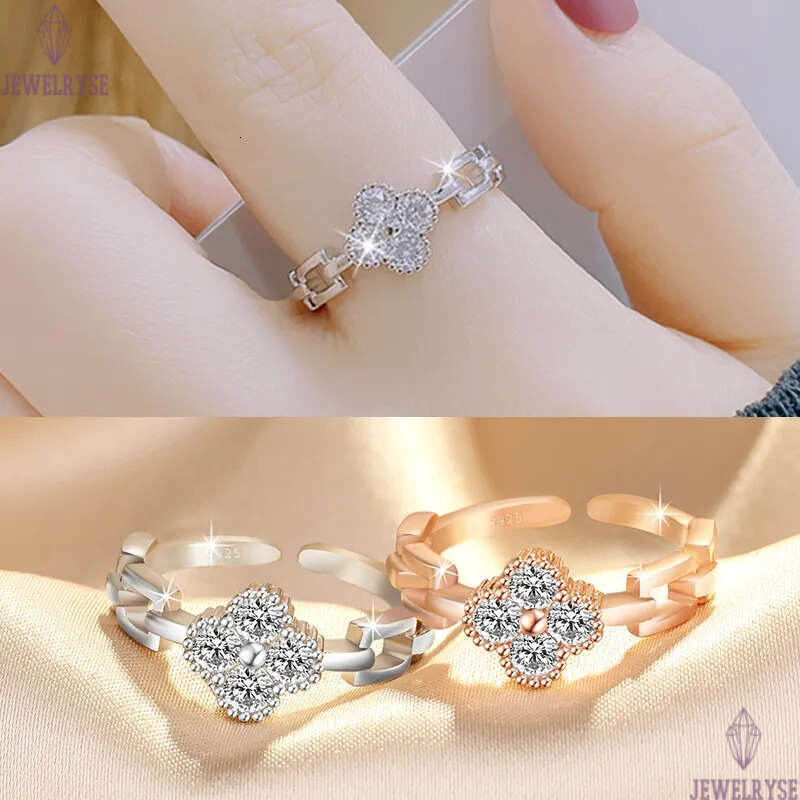 korean sweet fashion clover designer band rings for women cz zircon shining crystal open silver rose gold bling diamond love ring party jewelry gift
