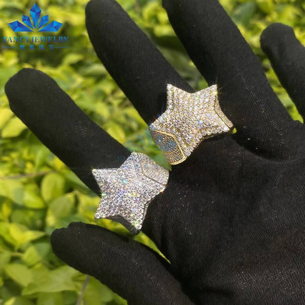 Dropshipping 925 Sterling Silver Lab Grown VVS Moissanite Diamond Fine Hip Hop Jewelry-2 Layers Star Ring for Men and Women