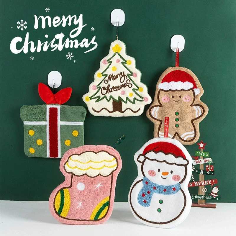 Coral velvet Christmas Hand towel for Kitchen Bathroom Handkerchief Cute Cleaning Towels with Hanging Rope Xmas Decor C251210