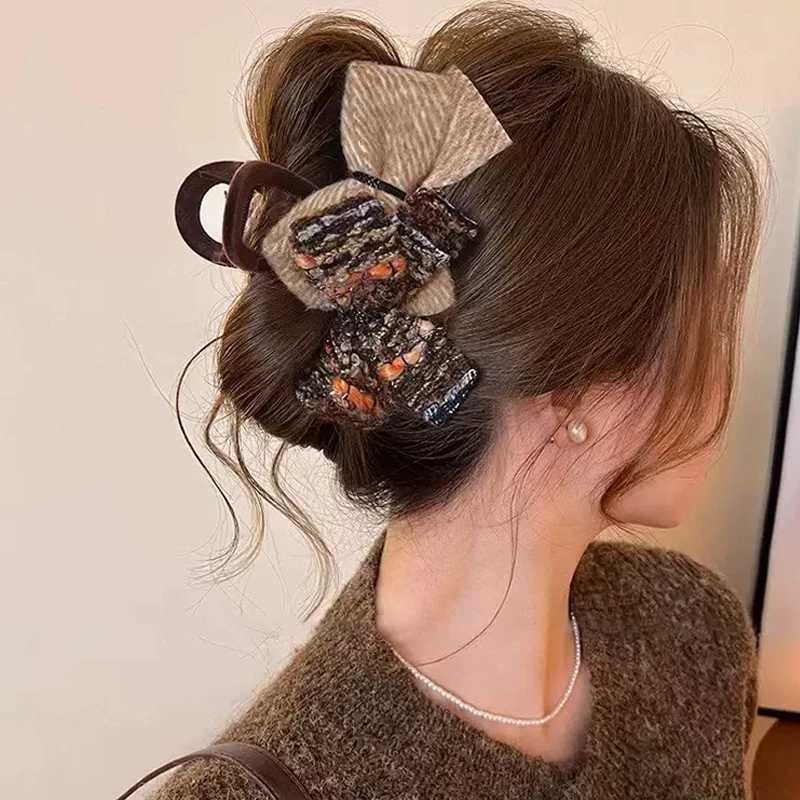 1pc Autumn/Winter wool-blend color-block double bow hair clip large shark clip for the back of the new stylish hair acces Y251210