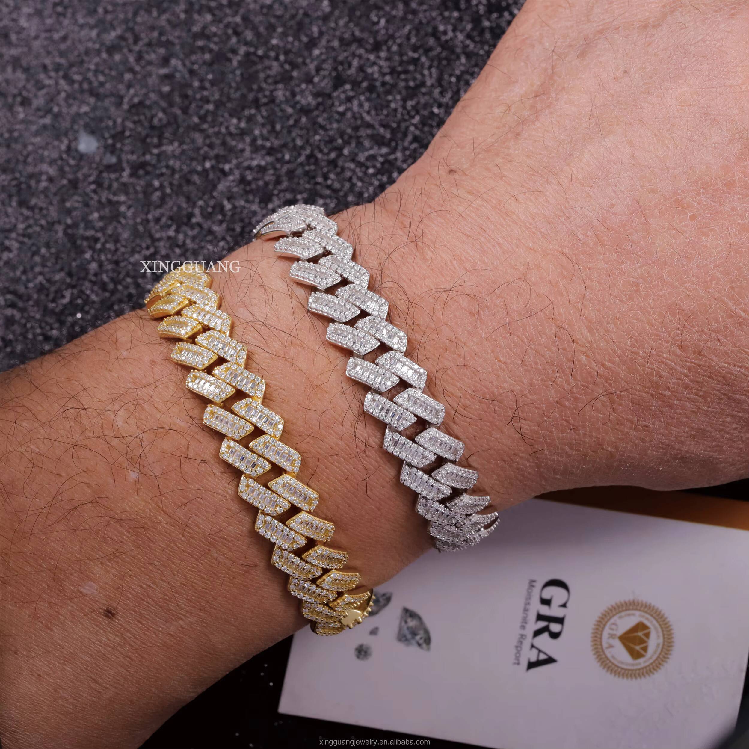 XingGuang 13mm Moissanite Cuban Link Chain VVS Baguette 925 Silver White Gold Plated Bracelet Hip Hop Cuban Chain
