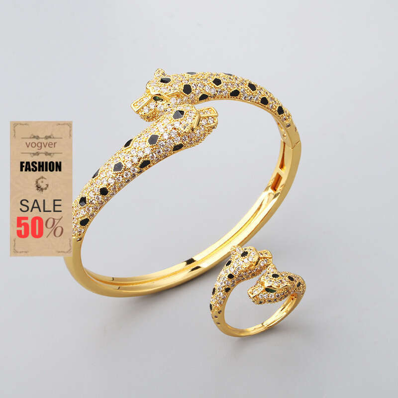 Ring For Women Designer Luxury Trendy Internet Celebrity Spot Full Diamond Double Leopard Head Bracelet Ring High-end Fashion Jewelry