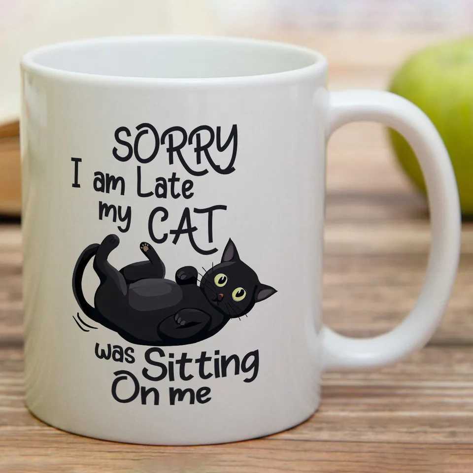 1 Funny Cat Shaped Ceramic Mug with Sorry Im Late My Cat Sits on Me Design - Hand Wash Only Reusable Coffee and Tea Mug C251210