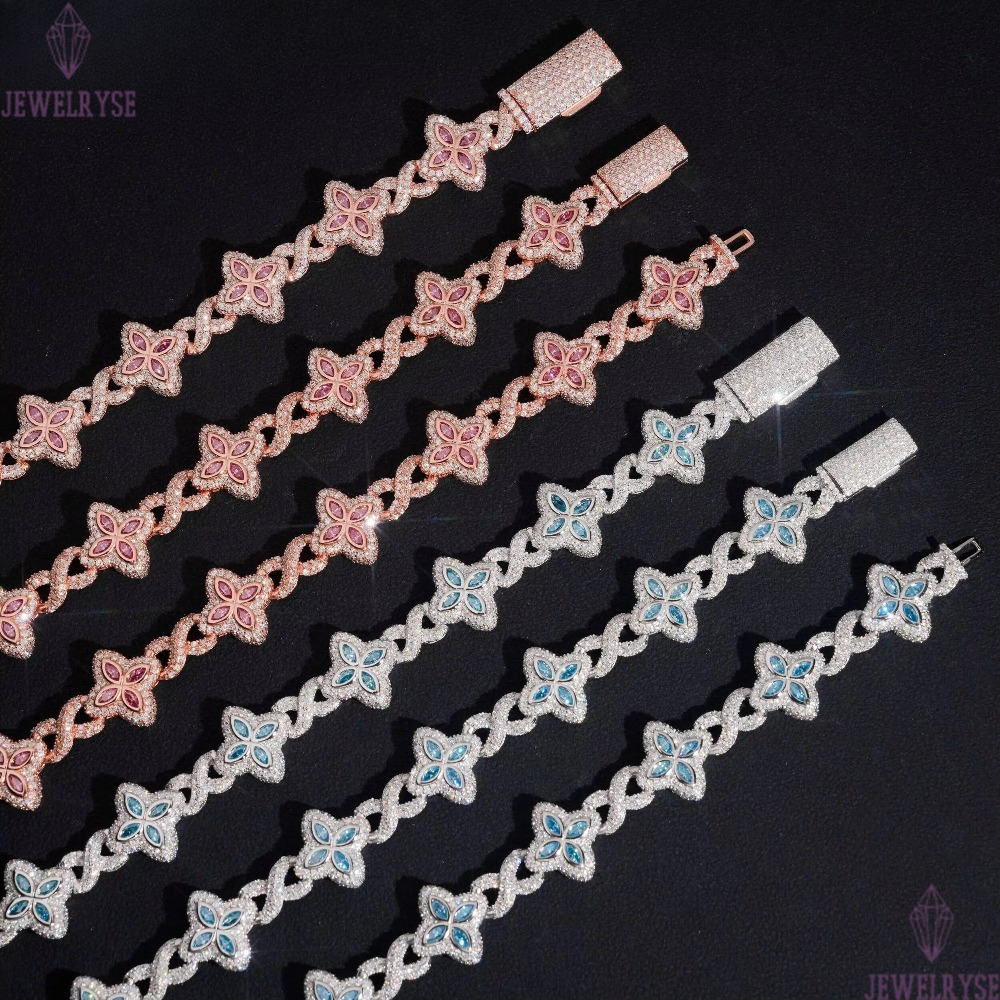 15mm Iced Out Hip Hop Jewelry Bracelet 925 Solid Silver Marquise Diamond VVS D Moissanite Cuban Link Chain Clover Necklace