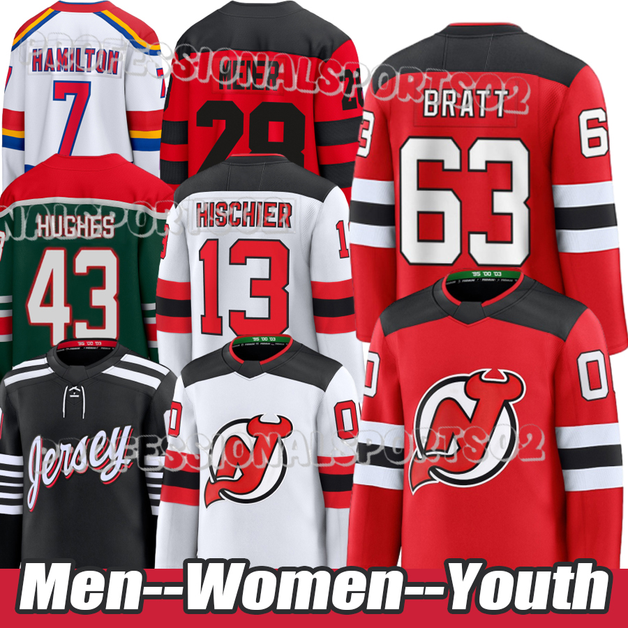 Devils Jerseys #86 Hughes A #43 Hughes #63 Bratt Jack Hughes Luke Hughes Jesper Bratt #13 Hischier C #28 Meier #7 Hamilton A
