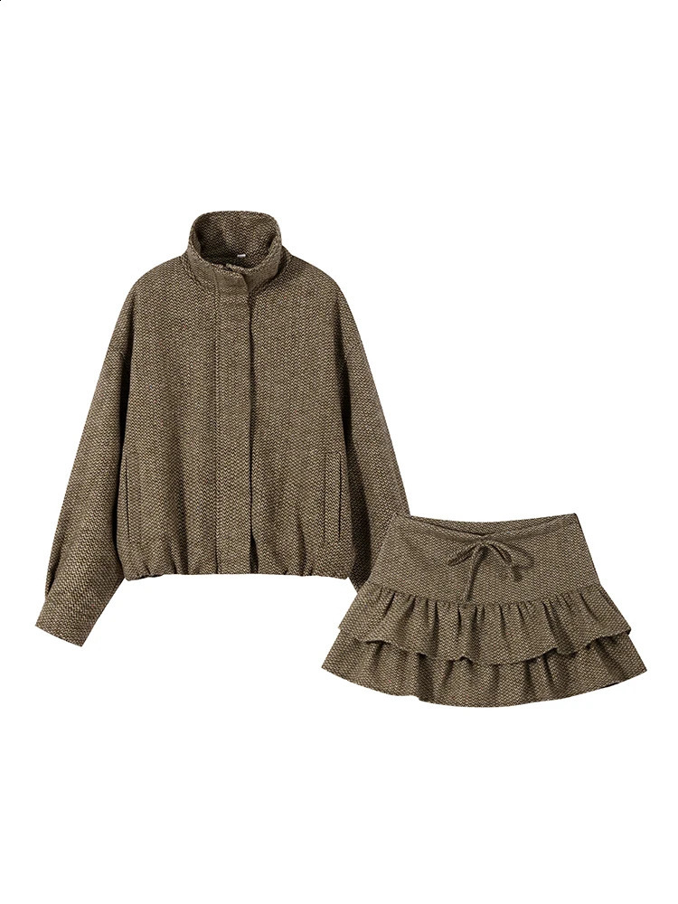 Womens Brown Skirt Jacket Set Stand Collar Bomber Jacket Coat Matching Ruffled Skirts Vintage Casual Outfit Autumn Streetwear 251209