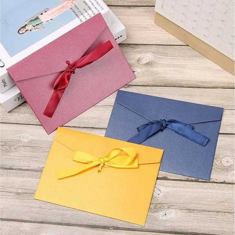 10Pcs/Set Retro Pearlescent Paper Envelope Bow Thick Ribbon Creative Color Greeting Card Bags for Wedding Invited Gift Postcards H251210