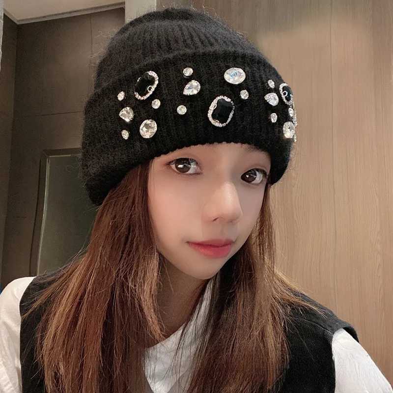Luxury Winter lady warm thick beanie cap 7colors fashion rhineston solid casual Knitted hat women Angora wool cap windproof Versatile Y251209