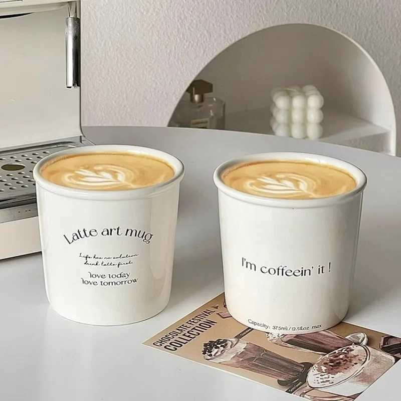 Paper Cup Shape Ceramic Mug Rolled Edge Coffee Mugs Nordic Style Letter Latte Ceramic Mugs Home Cafe Tools C251210