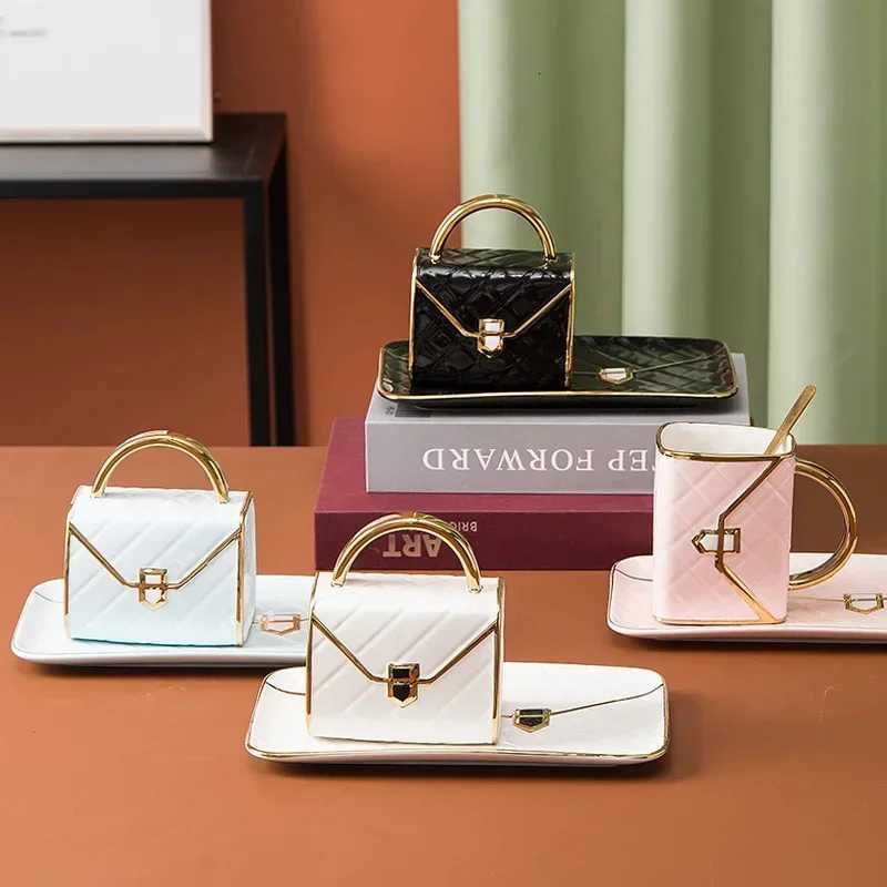 Bag Shaped Coffee Mug Luruxy Aesthetic Cup Ceramic Handbag Shape Tea Mug Saucer Set Dessert Afternoon Water Cup Drinkware Gift C251210