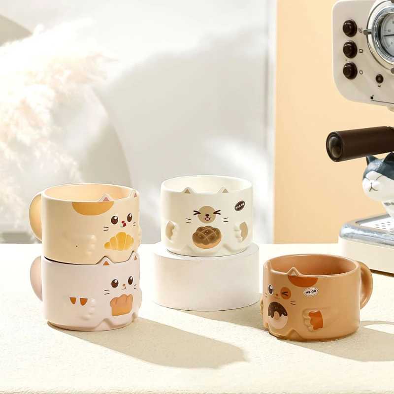 1PC Creative Cat Stacked Cups with Care Design Cartoon Mug Office Home Casual Ceramic Water Cup Coffee Cup C251210