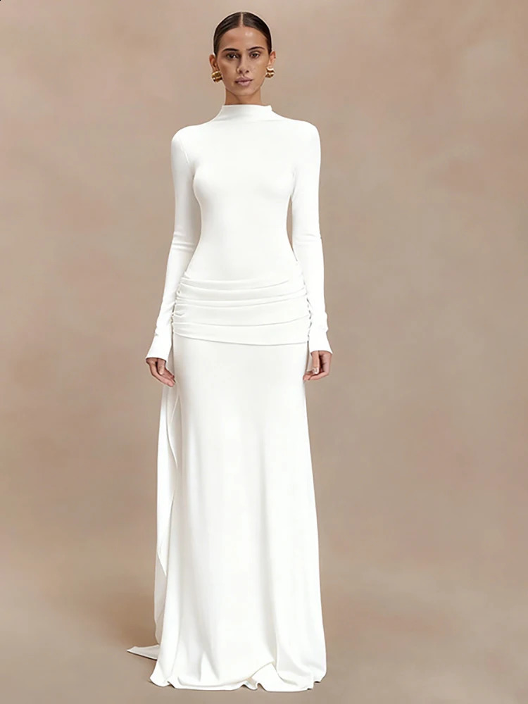 JULISSA MO Womens Turtleneck Maxi Long Sleeve Skinny High Waist Ribbon Detail - Elegant Winter Party Evening Dress C260312