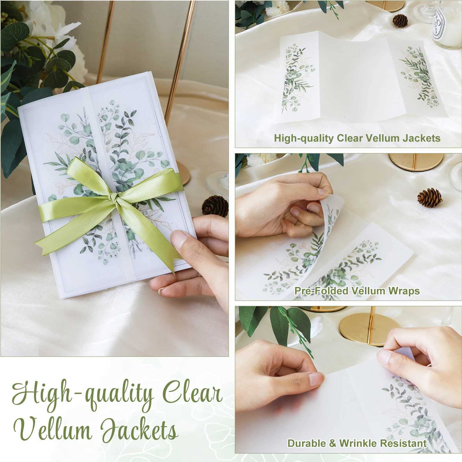 50pcs Folded Vellum Jackets with Ribbon for Wedding Invitations Card Birthday Party Baby Shower Cards Craft Paper Wraps H251210