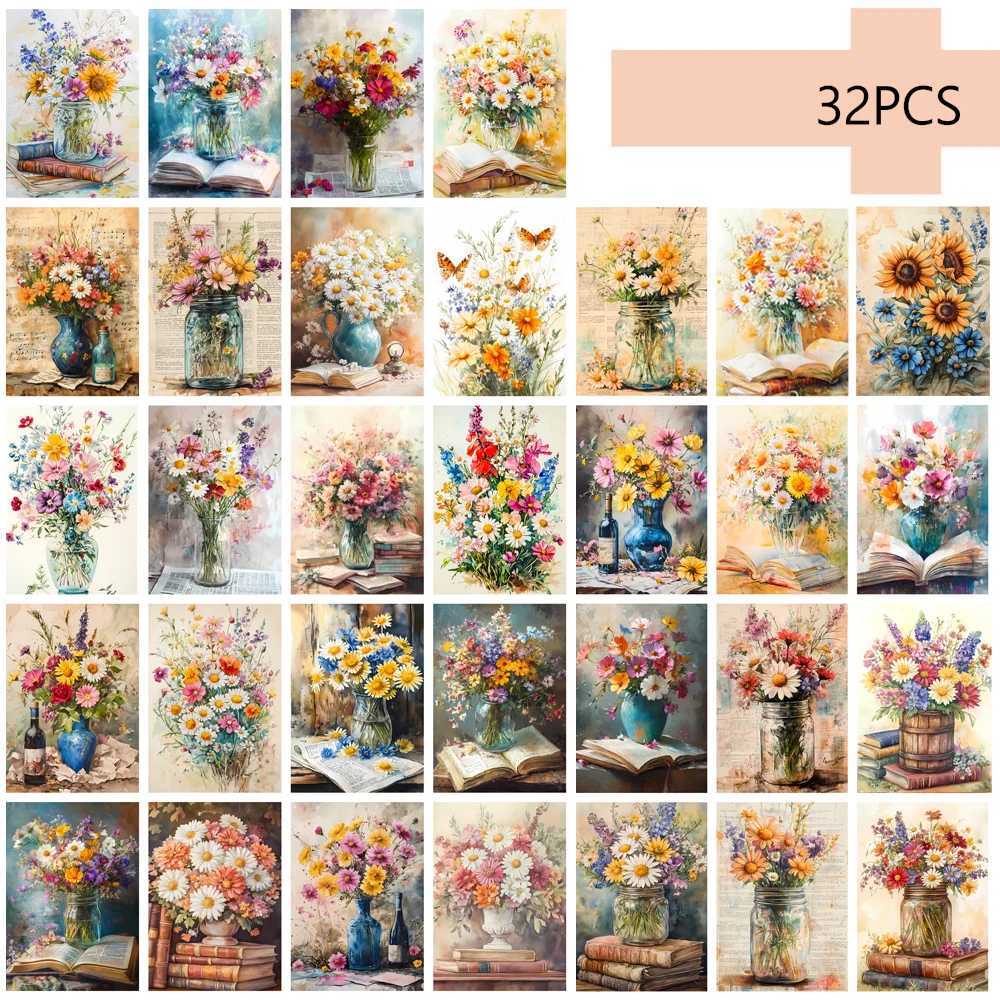 32pcs retro floral postcards suowers chrysanthems ins style wall decorations mailing collecting DIY cards H251210
