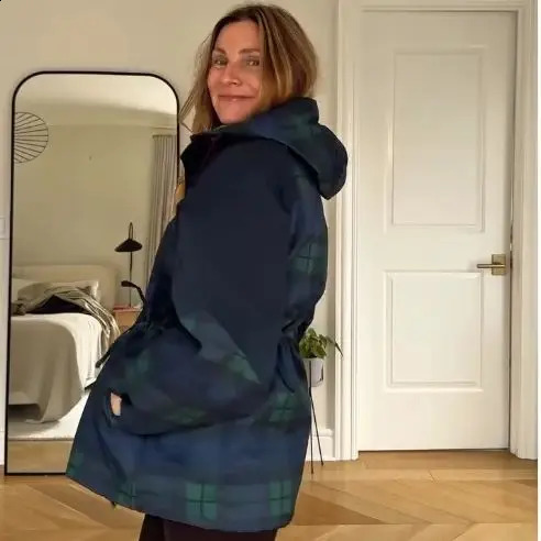 Retro Trendy Plaid Jacket Loose Casual Chic Coat Stand-collar Hoodie Autumn Outerwear Womens Street Wear 251210