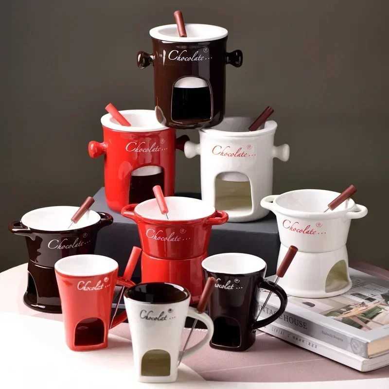 Hot Ceramic Chocolate Chafing Dish Melting Chocolate Mug Tableware Creative Household Drinking Utensils Cup with Fork Candle Pot C2512100